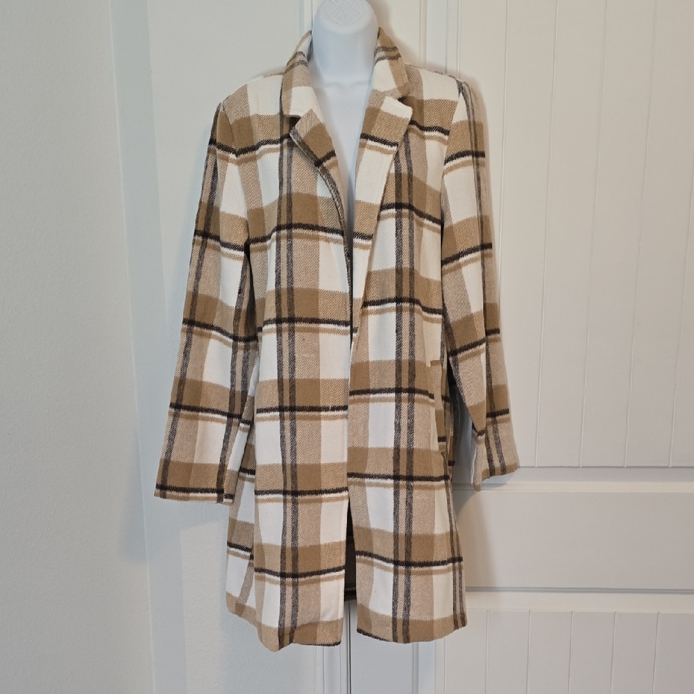 Tan & White Plaid Open-Front Trench Coat